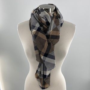 Raw Edge Polyester/Rayon Plaid Scarf  OS